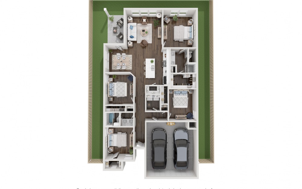 Elm - 4 bedroom floorplan layout with 2 baths and 1596 square feet.